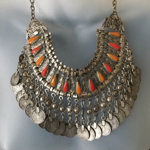 Silver metal statement necklace w/coins & stones